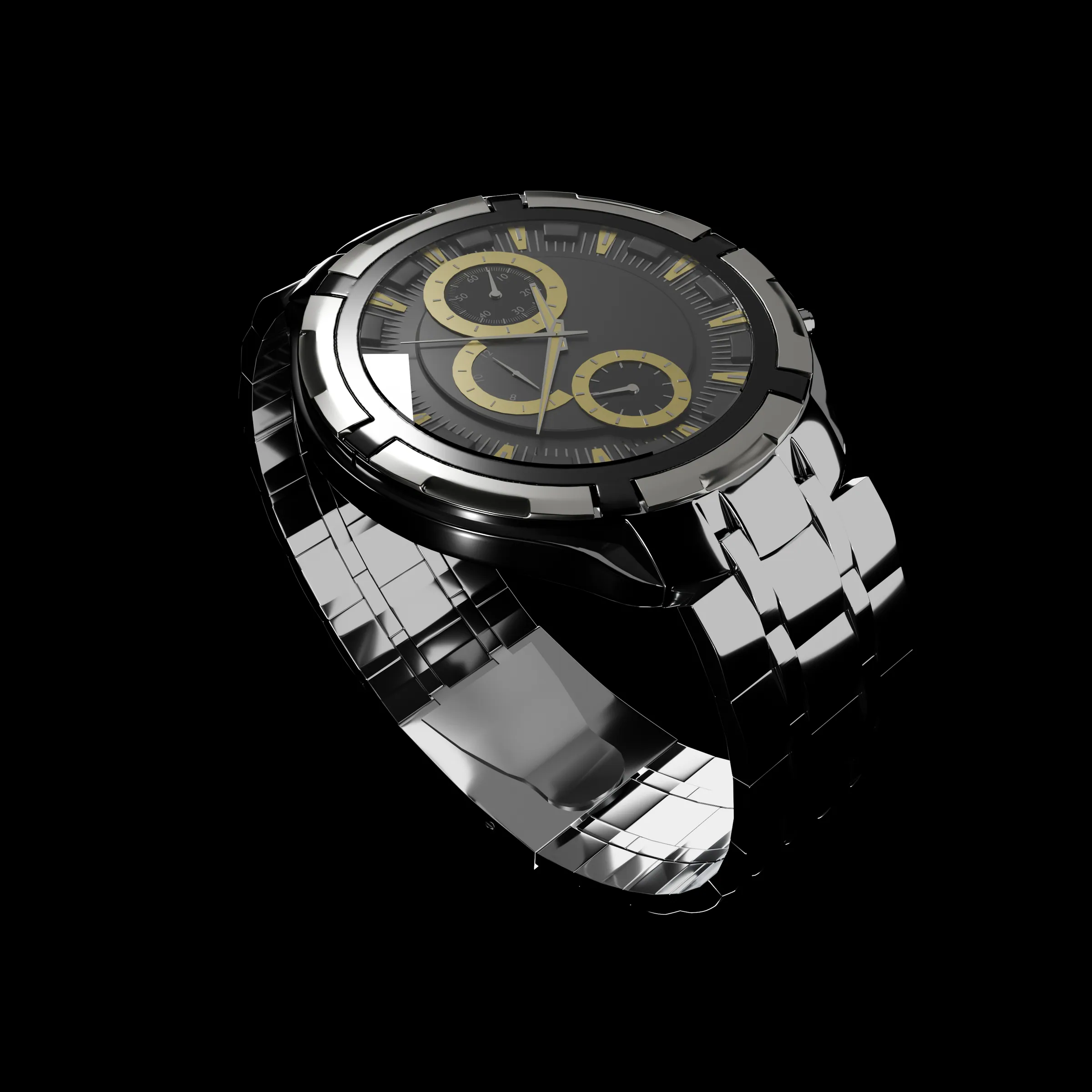 Chronograph watch product render, steel bracelet and gold subdials on black